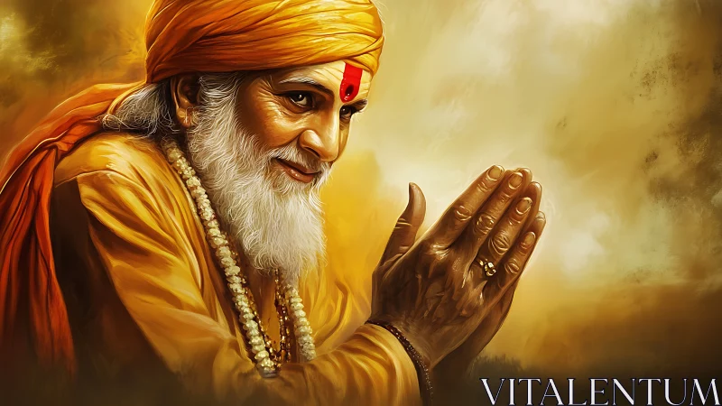 Elderly spiritual man in orange robe with folded hands.