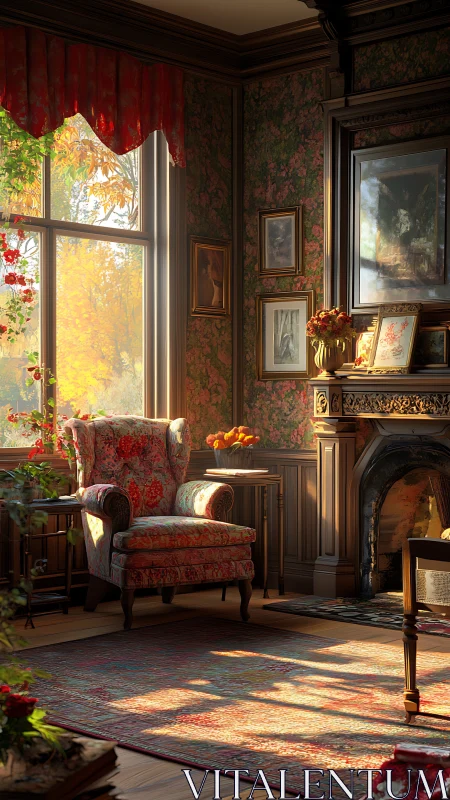 Sunlit Victorian reading nook with ornate fireplace and floral textiles