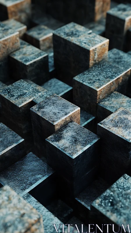 Textured stone cubic blocks arranged in vertical grid pattern.