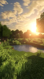 Voxel forest pond at golden hour with glowing sunlight.