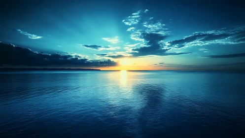 Radiant ocean sunrise with deep cyan reflective waters.