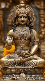Golden meditative deity sculpture with ornate jewelry details.