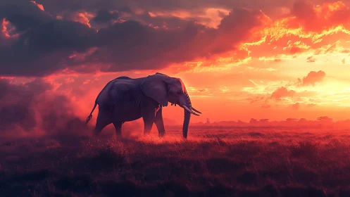 Solitary dusk elephant strolling through ember-tinted savanna.