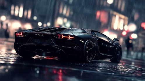 Rain-soaked supercar under neon-lit urban nightscape rendering.