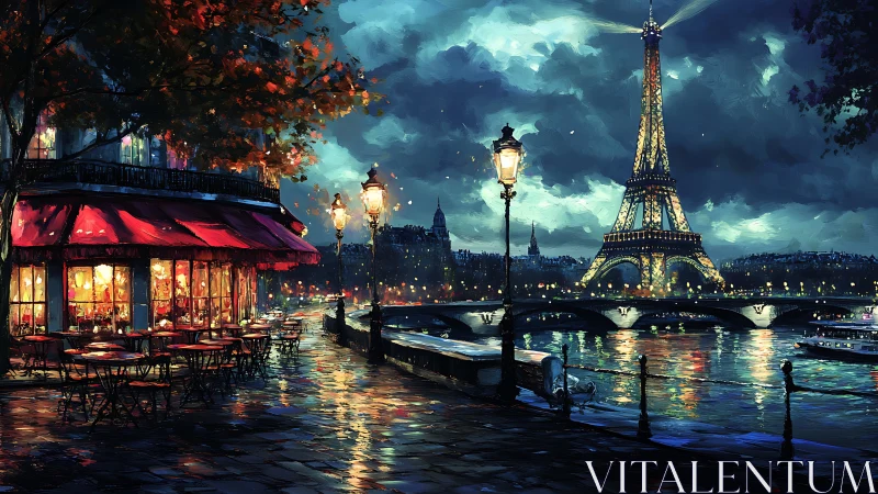 Glimmering Parisian riverfront glows with cozy café warmth
