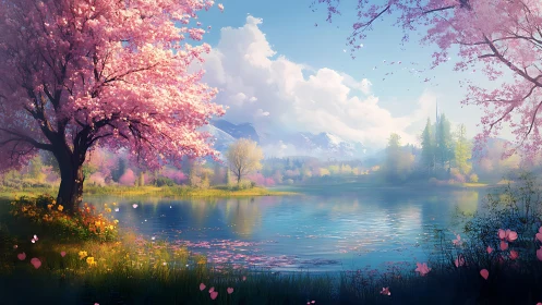 Blossoming cherry trees frame a tranquil mountain lake scene.