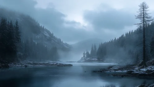 Snow-covered conifer valley surrounds narrow misty lake