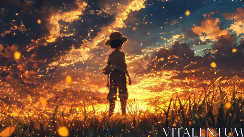 Sunlit youth silhouetted in ember-streaked golden horizon.