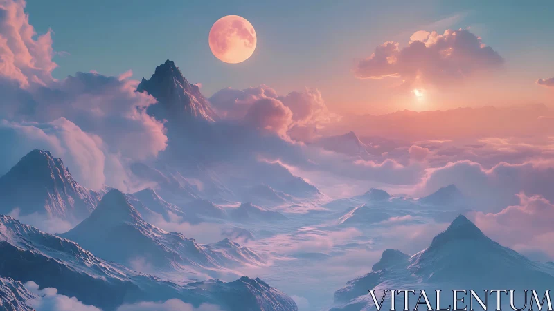 Twin celestial lights over pastel alpine cloudscape.