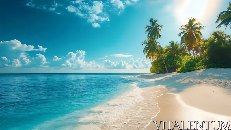 Tropical coastal beach displaying palm trees, turquoise water, sand.
