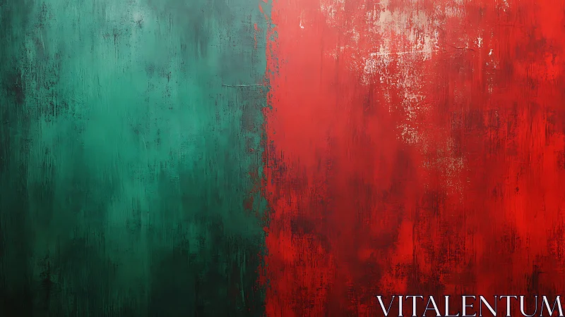 Abstract textured split canvas contrasts green and red fields