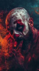 Bald bearded clown holds shotgun shell in smoky lighting