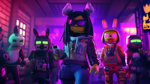 Neon-lit Lego street gang in cyberpunk bunny masks and gear