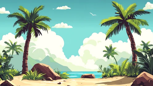 Tropical Beach Paradise: Stylized Digital Illustration with Palms and Turquoise Waters.