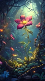 Luminous pink flower rising in dense enchanted forest.