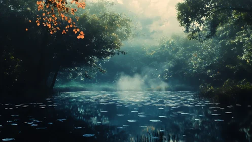 Misty forest pond lies beneath glowing morning canopy.