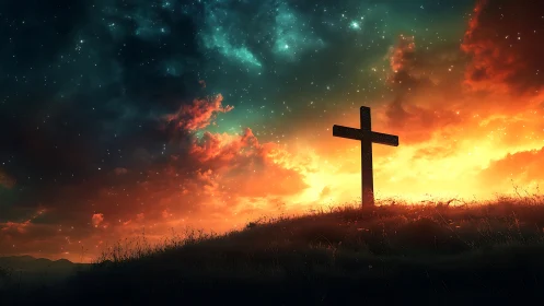Lone hilltop cross under fiery sunset and starry sky.
