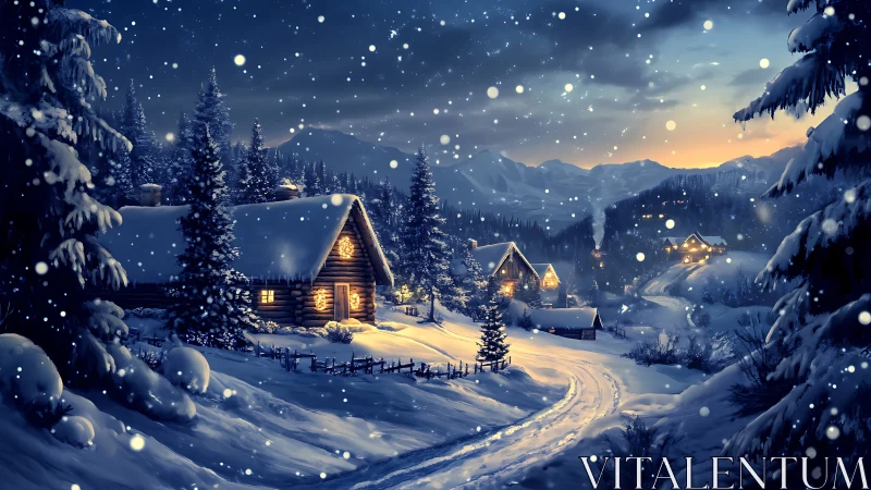 Snow-dusted cabins trade starlight whispers with winter hills