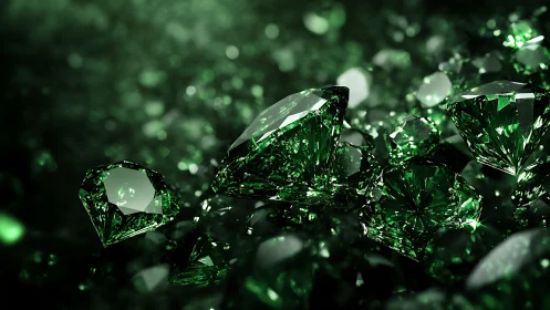 Emerald-cut green gemstones sparkle across dark reflective field