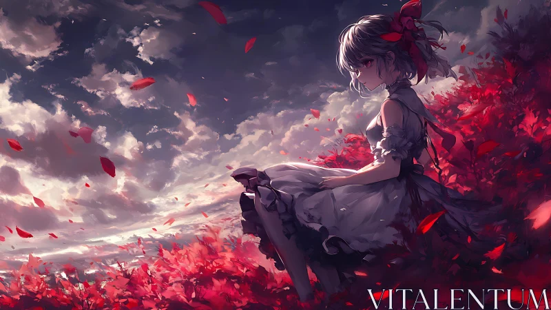 Twilight girl cradles scarlet leaves beneath storm-torn sky