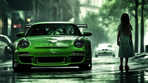 Neon green racer meets quiet wonder in a rainy city street.