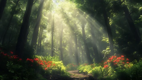Sunlit forest path through tall trees and red flowers.