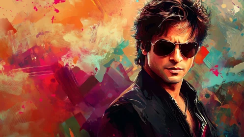 Chromatic male portrait amid dynamic abstract vector field.