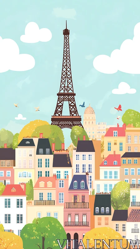 Paris neighborhood illustration with Eiffel Tower skyline.
