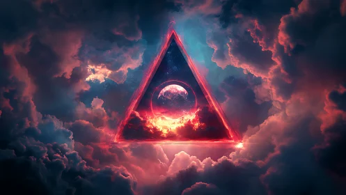 Neon triangle portal framing cosmic planet in storm clouds.