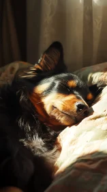Side-lit sleeping dog showing soft fur texture and warm contrast