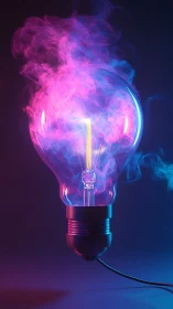 Glowing neon light bulb drifts in pink and blue vapor