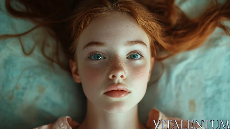Red-haired girl lying on bed with calm, direct gaze.