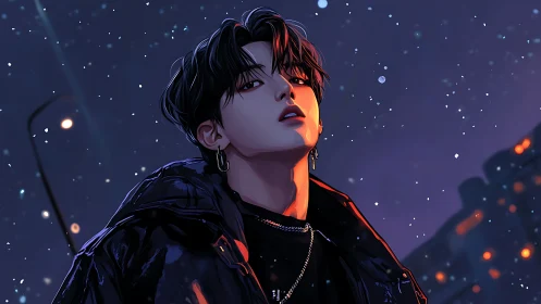 Young male figure in dark street setting with snowfall.