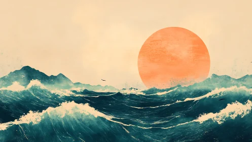 Sun-swollen horizon leans close while teal waves argue loudly