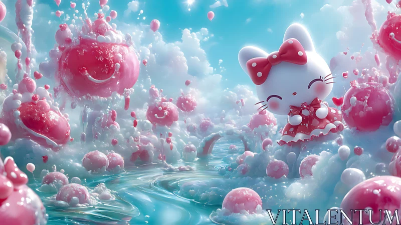 Candyfloss kitten drifts through a bubbly strawberry cloudscape.