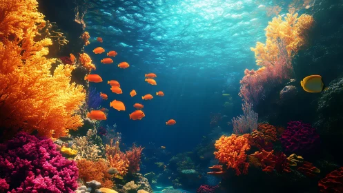 Sunlit tropical coral reef corridor with schooling orange fish