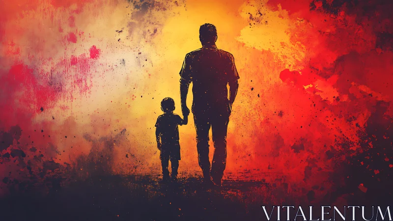 Father and child silhouettes glow in fiery abstract light.