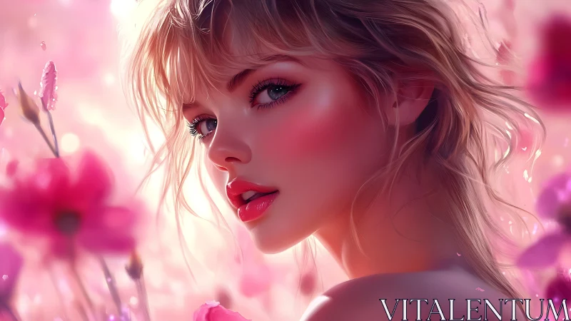 Digital portrait girl amid soft pink spring blossoms.