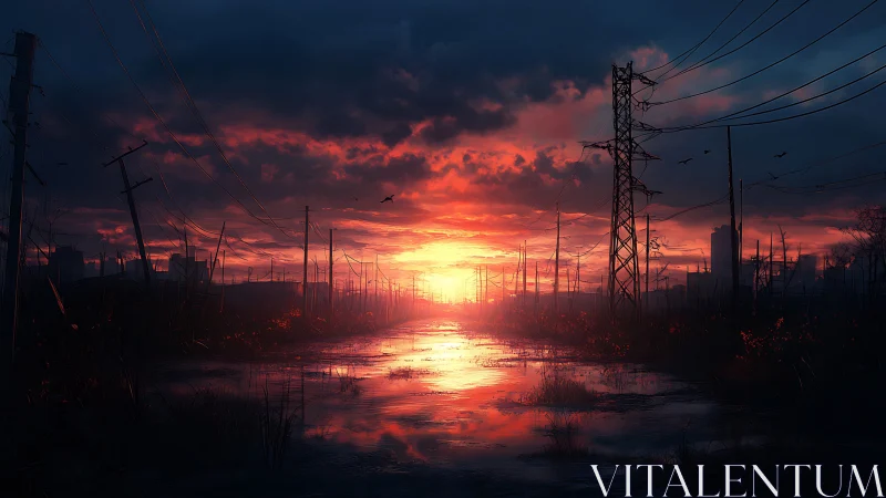 Digital painting of post-apocalyptic powerlines at neon dusk.