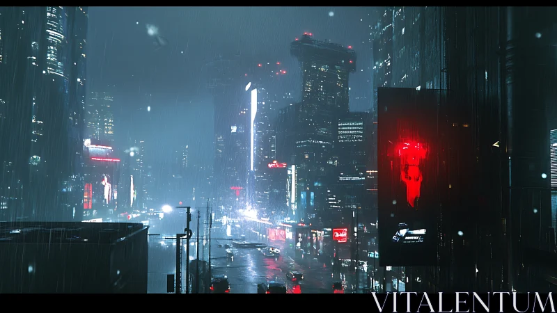 Cyberpunk rain cityscape with neon-lit skyline at night.