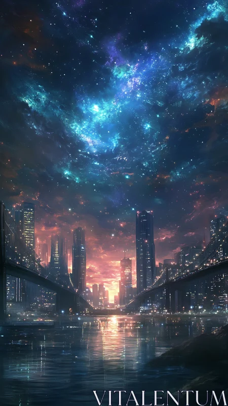 Futuristic riverfront megacity under luminous nebular night sky