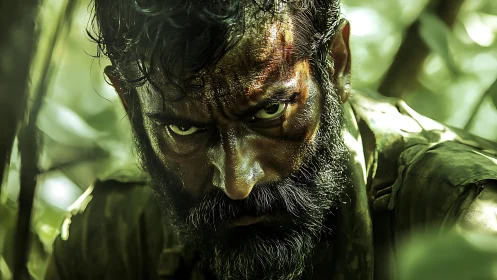 Intense soldier portrait under harsh jungle light.