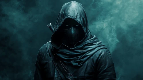 Hooded tactical operative in teal atmospheric backscatter fog.