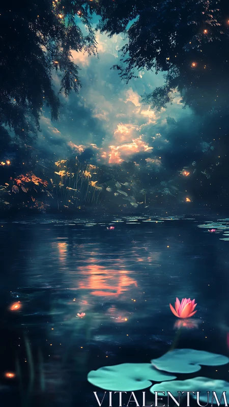 Enchanted lotus pond under luminous twilight sky reflection.