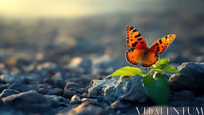 Vibrant orange butterfly perched on green leaf in soft sunlight.