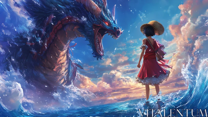 Straw-hatted youth confronting ocean dragon in sunset seascape.