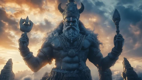 Majestic temple guardian bathed in glowing sunset light.