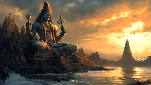 Majestic riverfront deity statue at radiant sunset templescape.