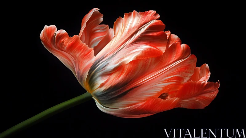 Macro study isolates a red parrot tulip in dramatic low-key lighting