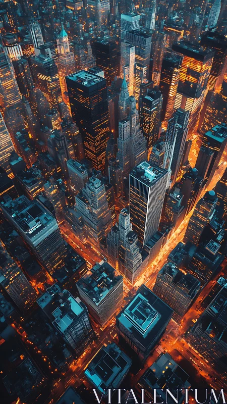 Nocturnal megacity aerial grid with cyan-orange light contrast